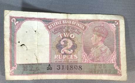 1943 India 2 Rupees Banknote